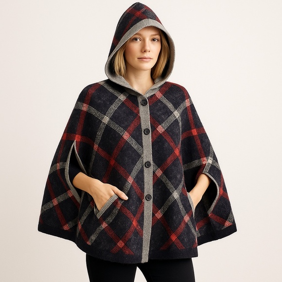TOMMY HILFIGER Wool Blend Plaid Hooded Poncho Coat Cape XL - Picture 1 of 15